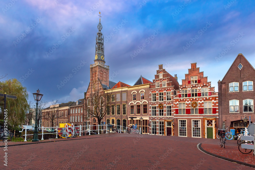 Fototapeta premium St Louis Church at the Steenschuur in Leiden during blue hour, Holland, Netherlands