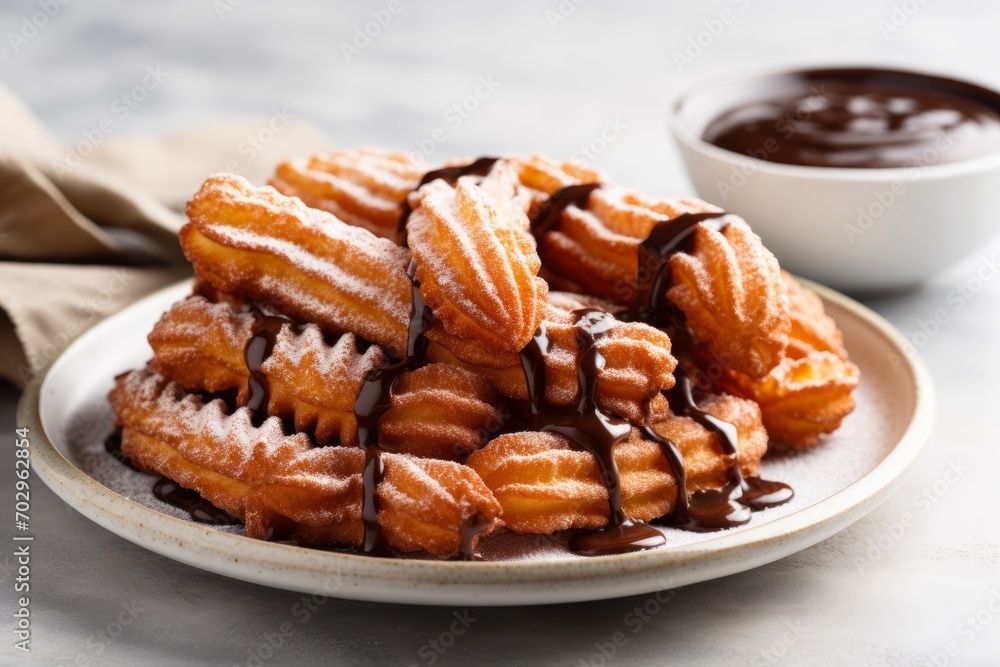 A heap of traditional Spanish dessert churros on the plate with chocolate sauce A heap of traditional Spanish dessert churros on the plate with chocolate sauce