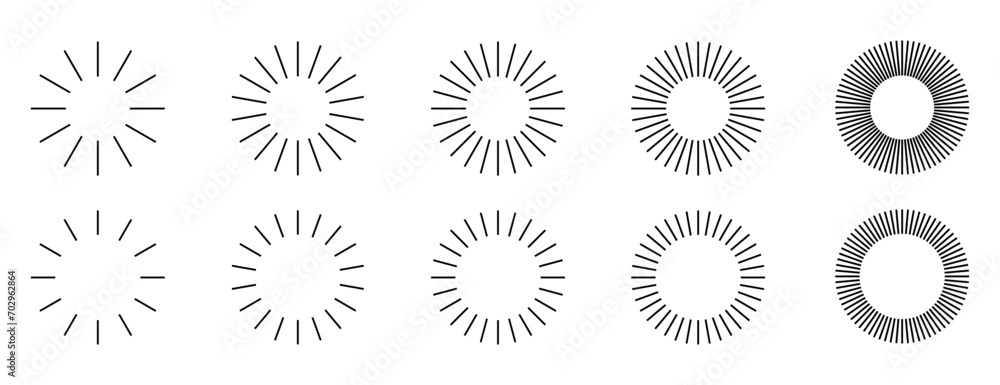 Round sunburst, line radial rays, frame icon set Round sunburst, line radial rays, frame icon set