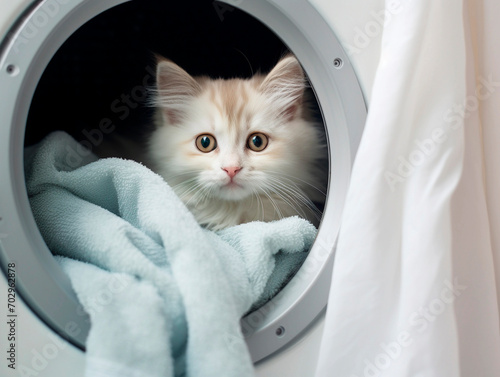 Cute little kitten in the washing machine. Pet care concept.