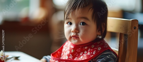 Asian toddler wearing red bib patiently seated in baby chair, awaiting meal. photo