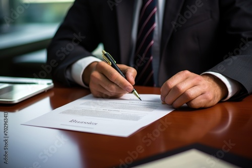 businessman considering contract terms before signing checking legal contract law conditions