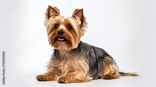A Yorkshire Terrier dog sitting photo white background