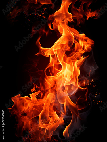 Fire flames on black background, abstract fire flames isolated on black background