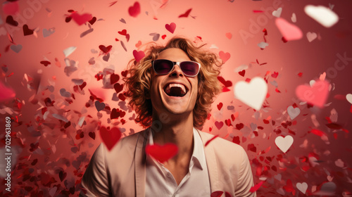 Portrait of a laughing man surrounded by a red confetti paper hearts against a pink background.