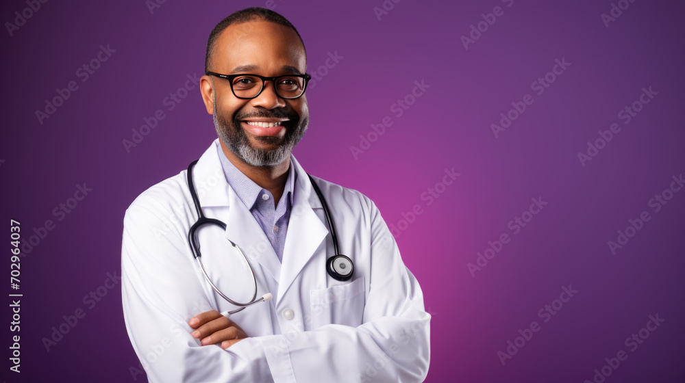 Smiling doctor wearing a white lab coat with a stethoscope around his neck, standing confidently against a colored background.