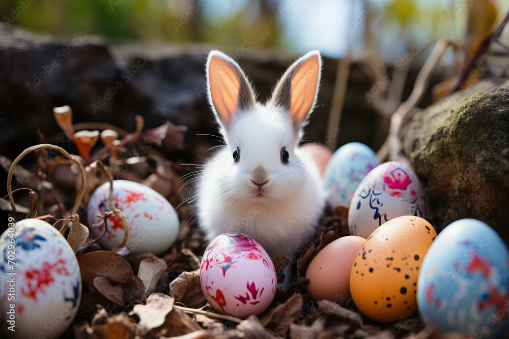 A fluffy little rabbit sits surrounded by colorful eggs, on ground in dry leaves. Easter joy and celebration.