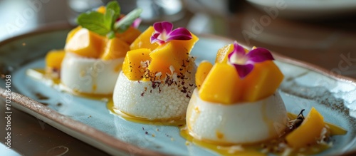 Refreshing dessert with mango, sago, and pomelo.