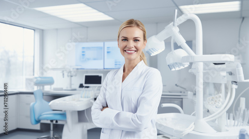 Woman with a confident smile, wearing a white lab coat, standing in a dental clinic with dental equipment in the background