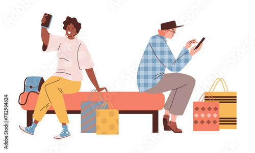 Happy people with shopping bags sitting on bench, texting on phones and taking selfies.