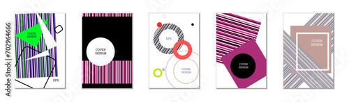 Geometric cover design, set of 5 covers. Abstract unusual background in Memphis style. Bright geometric shapes in random order