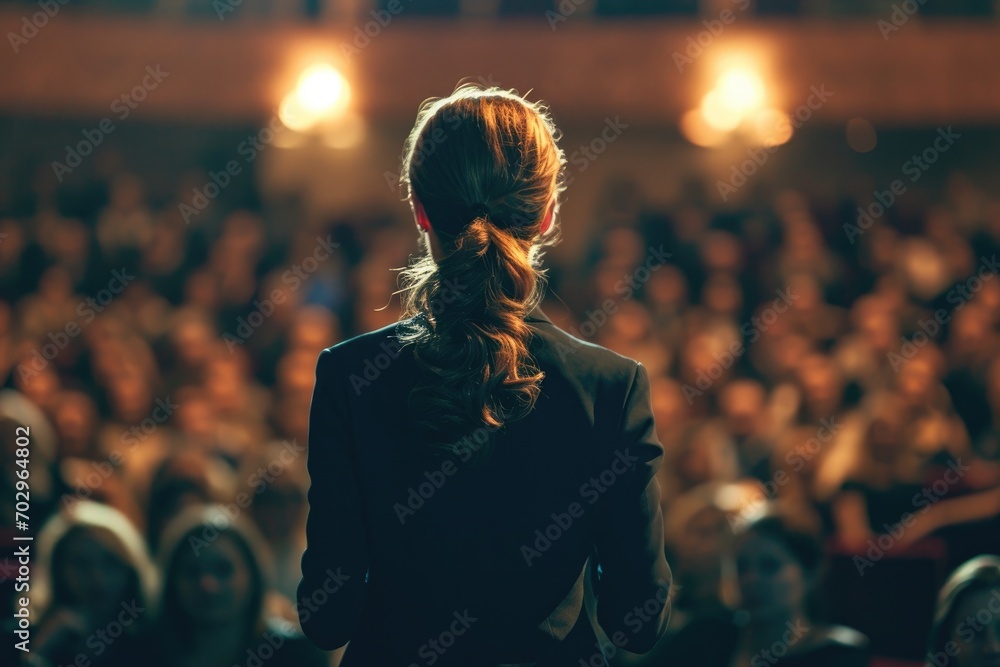 A poised woman in a sleek black suit stands out among the sea of concert-goers, captivating the audience with her commanding presence and effortless style