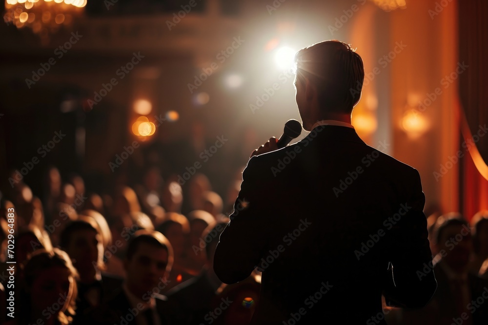 A charismatic man dressed in trendy clothing captivates the crowd at a lively concert with his powerful words, creating a mesmerizing atmosphere of music and emotion