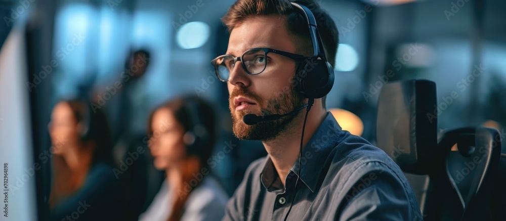 Fototapeta premium Confident call center operator assisting customers in office surrounded by colleagues.