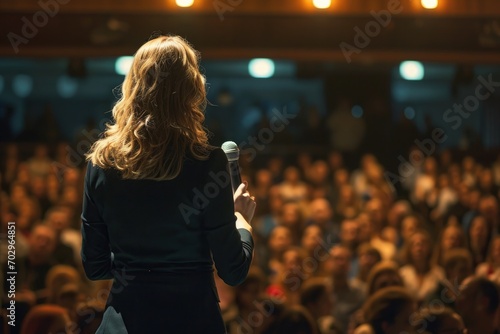 A powerful woman commands the stage, her clothing and human face radiating confidence, as she captivates the indoor concert audience with her music
