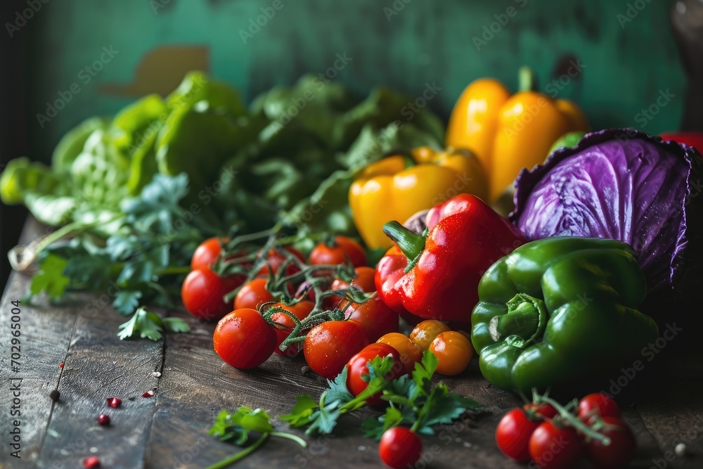 A vibrant assortment of plant-based superfoods, including leafy greens and colorful peppers, create a visually appealing and nutritious still life on the table A vibrant assortment of plant-based superfoods, including leafy greens and colorful peppers, create a visually appealing and nutritious still life on the table