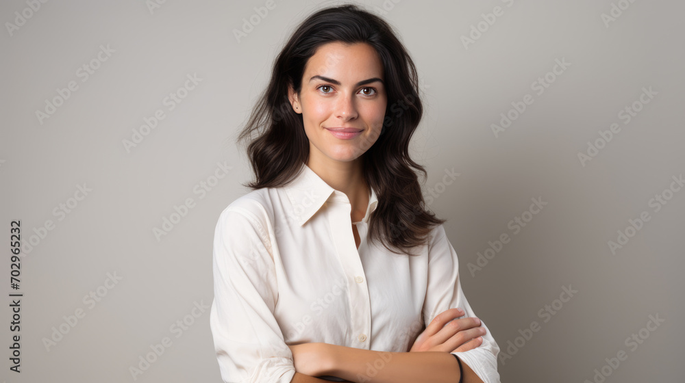 Studio portrait of a woman with dark hair wearing a white blouse, her arms crossed, looking directly at the camera with a slight smile and a confident, approachable expression. Studio portrait of a woman with dark hair wearing a white blouse, her arms crossed, looking directly at the camera with a slight smile and a confident, approachable expression.