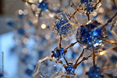 A glistening blue crystal ornament hangs delicately from a winter branch, illuminating the tree with its radiant light