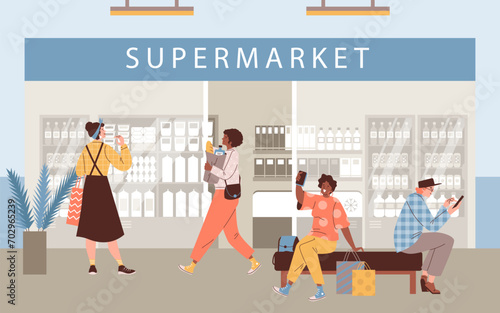 Scene with supermarket and people at mall flat style, vector illustration