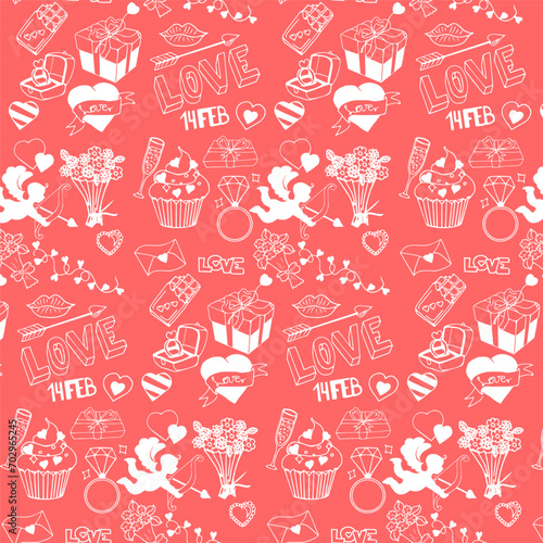 Valentine's Day theme doodle seamless pattern. Red hand drawn sketch doodle illustration. Traditional romantic symbols: heart shapes, cupid, arrows, gift box, desserts, love letters. 