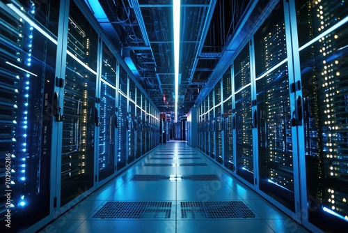In the dim light of night, a vast expanse of servers stands silent in an indoor hallway, their endless rows symbolizing the endless stream of data that flows through them