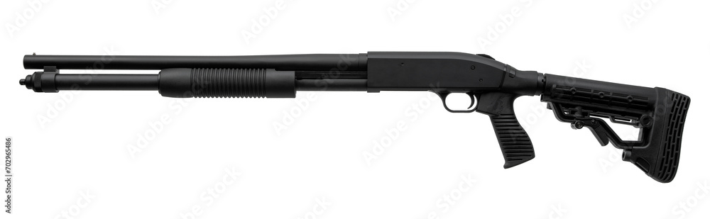 Pump-action 12 gauge shotgun isolated on a white background. Additional handle. A smooth-bore weapon with a plastc stock.