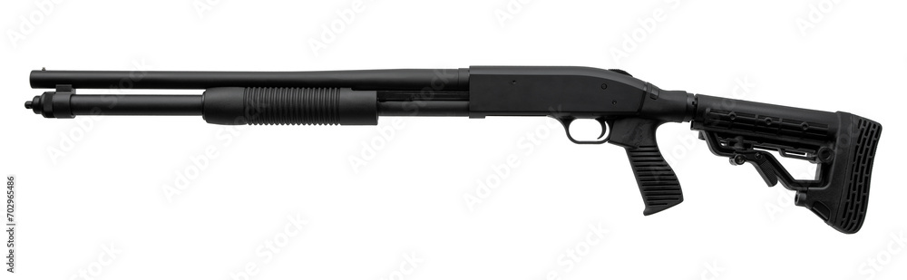 Pump-action 12 gauge shotgun isolated on a white background. Additional handle. A smooth-bore weapon with a plastc stock. Pump-action 12 gauge shotgun isolated on a white background. Additional handle. A smooth-bore weapon with a plastc stock.