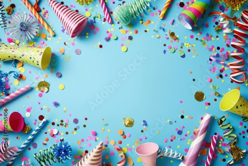 An exuberant celebration filled with joy and color, as friends gather under a shower of confetti and don festive party hats against a vibrant blue backdrop