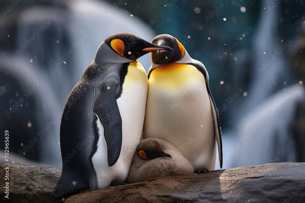 Penguins in a zoo in the snow. Winter scene, King penguin mating couple