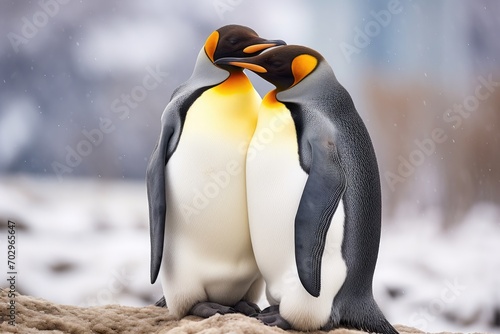 Pair of king penguins in the rain. Wildlife scene from nature, King penguin on ice floe with splashes of water, King penguin in an iceberg pointing its flipper wing to empty space, AI Generated