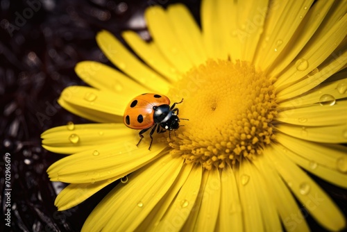 Ladybug on yellow daisy flower with water drops on petals, ladybug on yellow flower, AI Generated