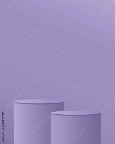 3D background products display a catwalk stage with a cylindrical platform. Stands to display cosmetic product vector mockup. Two violet podiums isolated on a violet background, eps 10.