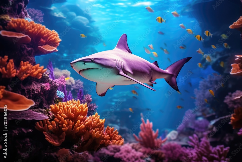Fototapeta premium Shark swimming in a coral reef. Underwater world with corals, photo of a beautiful shark behind is colorful coral taken, AI Generated