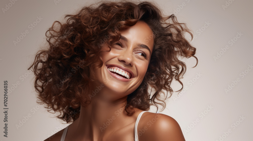 Woman with voluminous curly hair and a beaming smile, wearing a tank top and posing against a warm beige background.