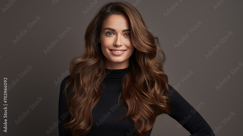 Woman with curly hair is smiling and posing confidently with her arms crossed, wearing a black turtleneck against a neutral gray background. Woman with curly hair is smiling and posing confidently with her arms crossed, wearing a black turtleneck against a neutral gray background.