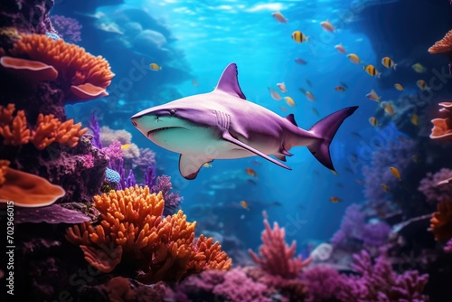 Shark swimming in a coral reef. Underwater world with corals, photo of a beautiful shark behind is colorful coral taken, AI Generated © Ifti Digital