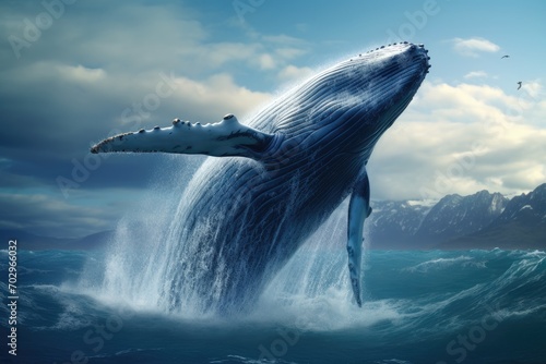 Whale in the ocean. 3D render. Nature background, photorealistic shot of a blue whale breaching the surface of the ocean, AI Generated © Ifti Digital