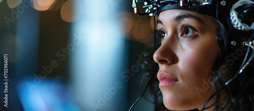 Scientist monitors woman's brain in modern lab using EEG headset. photo