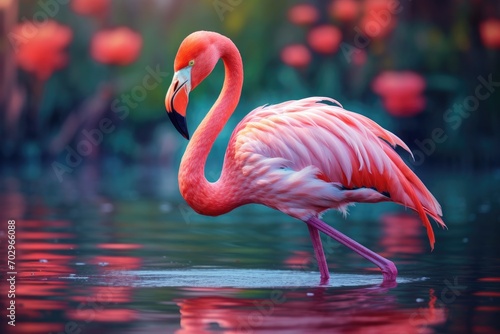 Greater flamingo in a pond. Wildlife scene from naturem, pink flamingo on the water, AI Generated © Ifti Digital