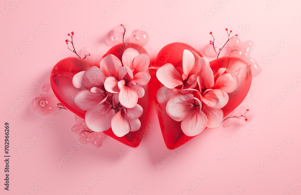 Fototapeta premium Two pink hearts cherry blossom branches on pastel background. Valentine's day love mother's day concept. Template with copy space