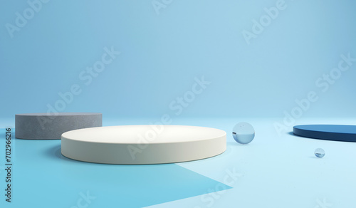 3D rendering of white  blue  grey cylinder pedestal. Abstract minimal scene for products showcase. Product presentation  mock up  podium  stage pedestal  promotion display  show cosmetic product.