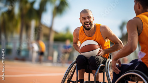 Male wheelchair basketball players in action on an court