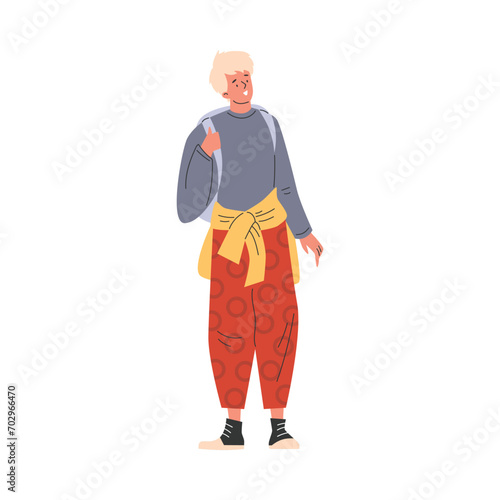 Student in casual clothes with backpack, smiling man standing with sweater tucked at waist vector cartoon friendly youth