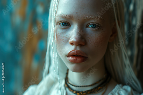 A stylized portrait of a woman with albinism, featuring flowing white hair and minimalistic jewelry, in a high-fashion pose