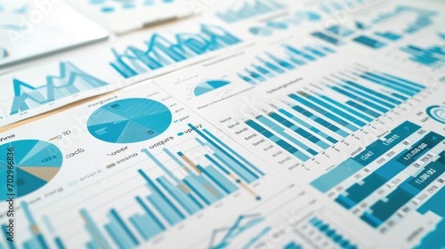 Close-up of various business analytics and metrics displayed in charts and graphs