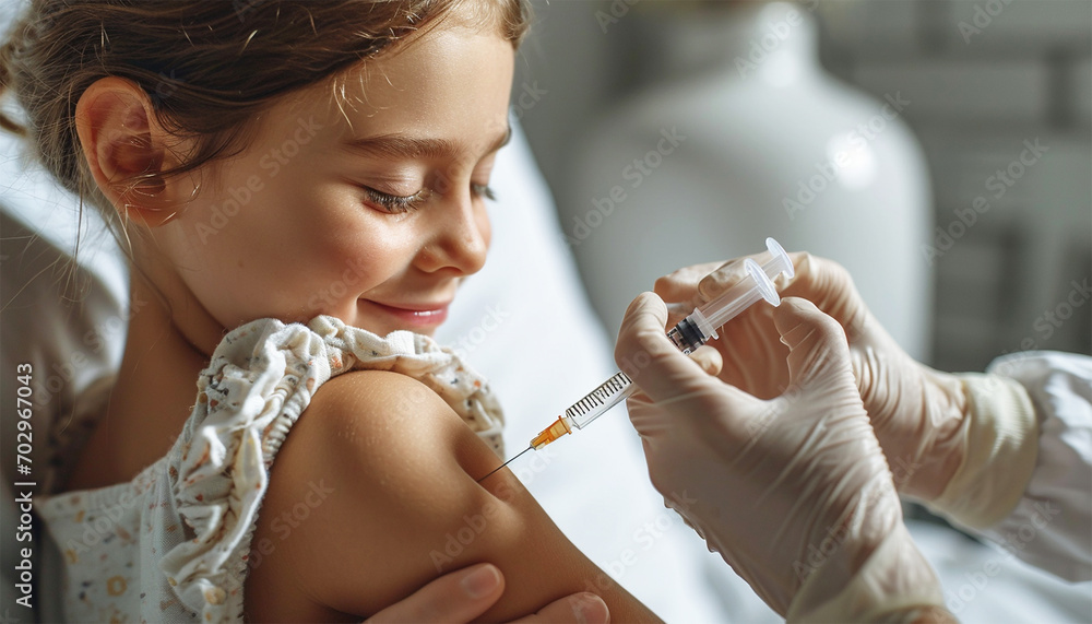 Little girl gets vaccination. Vaccination of little girl from COVID-19 or smallpox, cute child in mask getting vaccine. Doctor makes jab from coronavirus to kid in school. Concept of corona  - obrazy, fototapety, plakaty 
