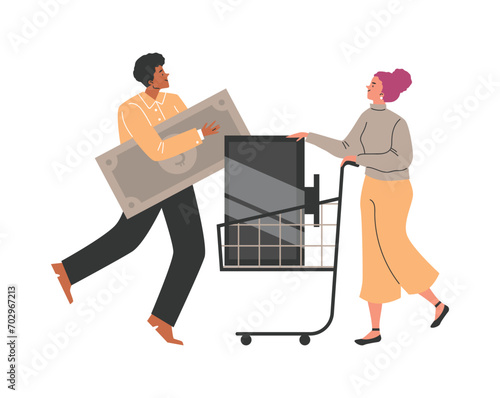 Female bring old TV technique to Pawnshop, vector customers buy and sell second hand electric appliances and get cash