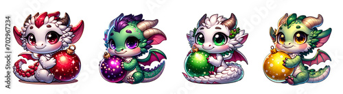Set of Cute dragons for Chinese New Year. Transparent background. Design for holiday, New Year cards, Asian holiday