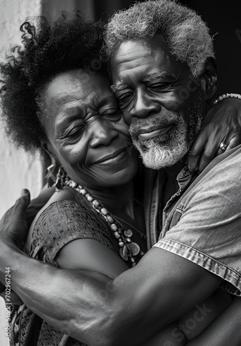 Elderly African couple hugs with love and romance. AI generated. Family of pensioners. Husband and wife. Old lovers. Valentines Day. Gray haired man and woman. Photorealistic black and white image. © AinaLiora