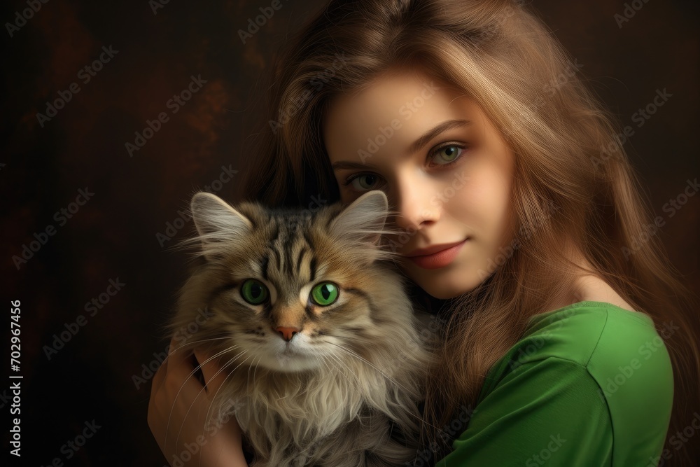 Portrait of a beautiful young woman with long hair and cat, Portrait of young woman holding cute siberian cat with green eyes, AI Generated Portrait of a beautiful young woman with long hair and cat, Portrait of young woman holding cute siberian cat with green eyes, AI Generated